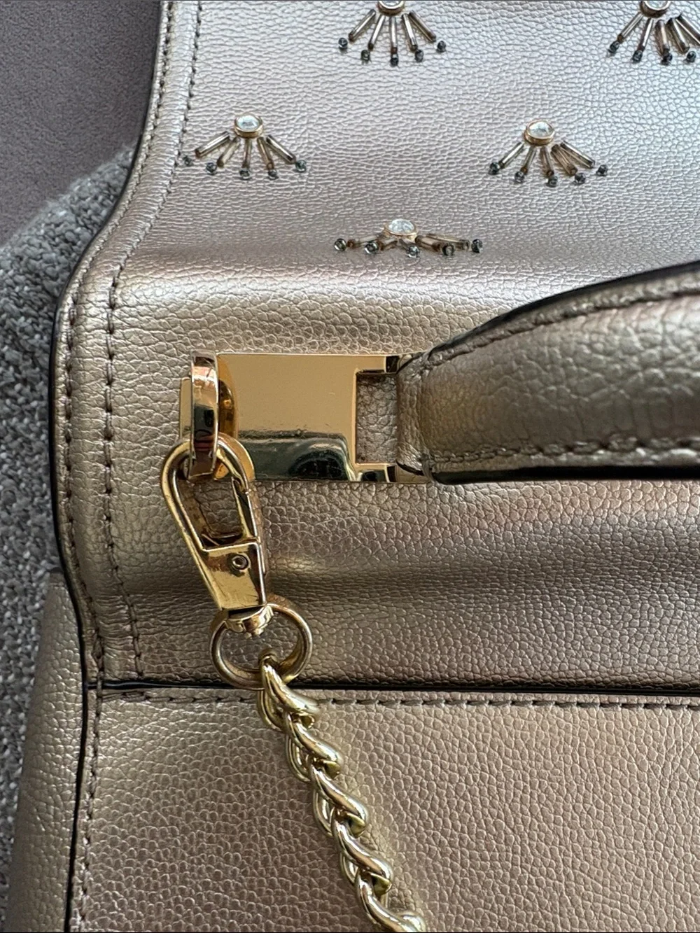 kate spade metallic taupe/beige leather top-handle satchel with gold-tone chain